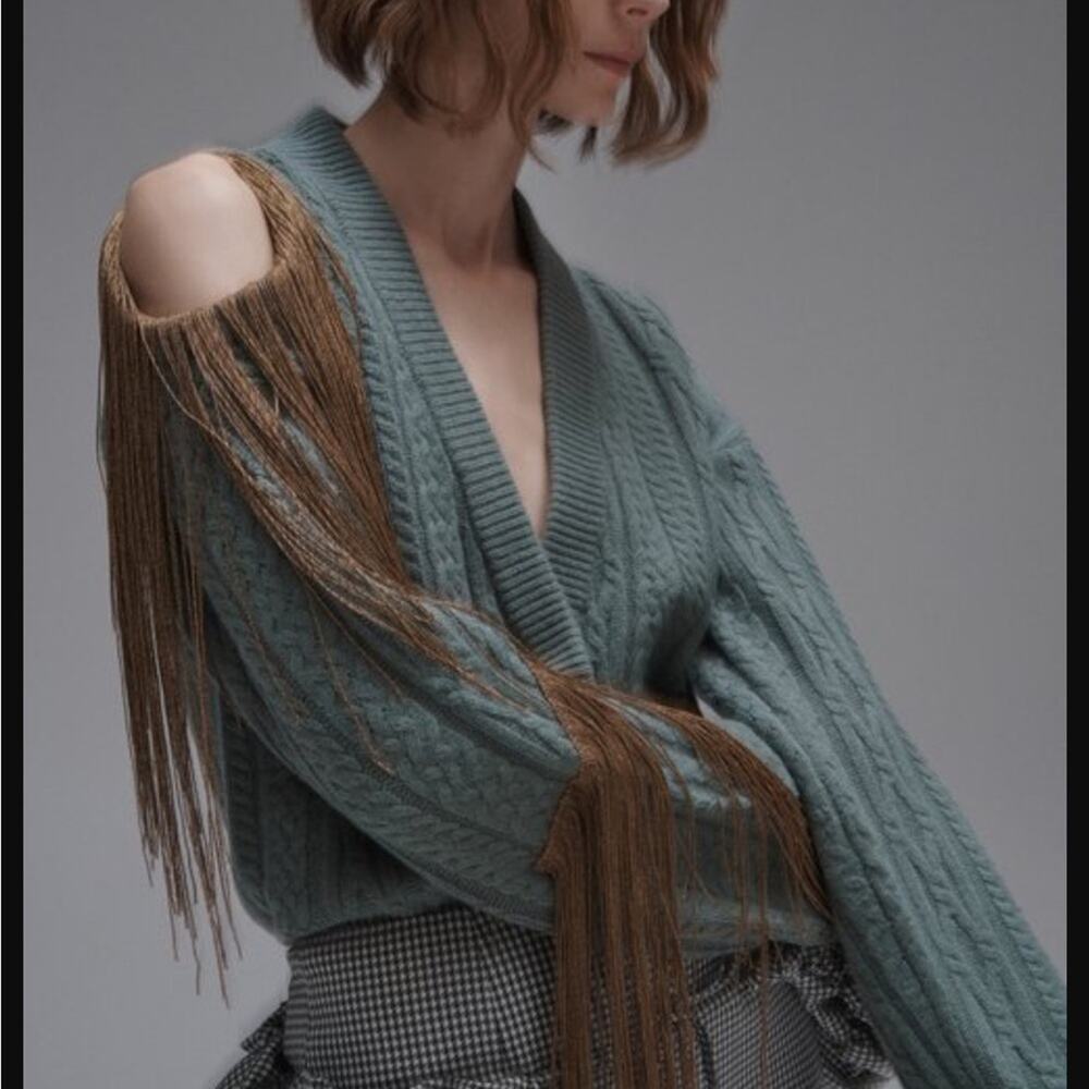 HELLESSY Marvelle Fringe Merino Wool-Blend Wrap Sweater Green and Gold Size M